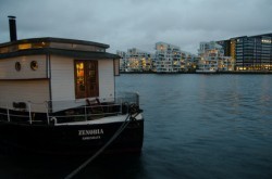 House boat and city lights